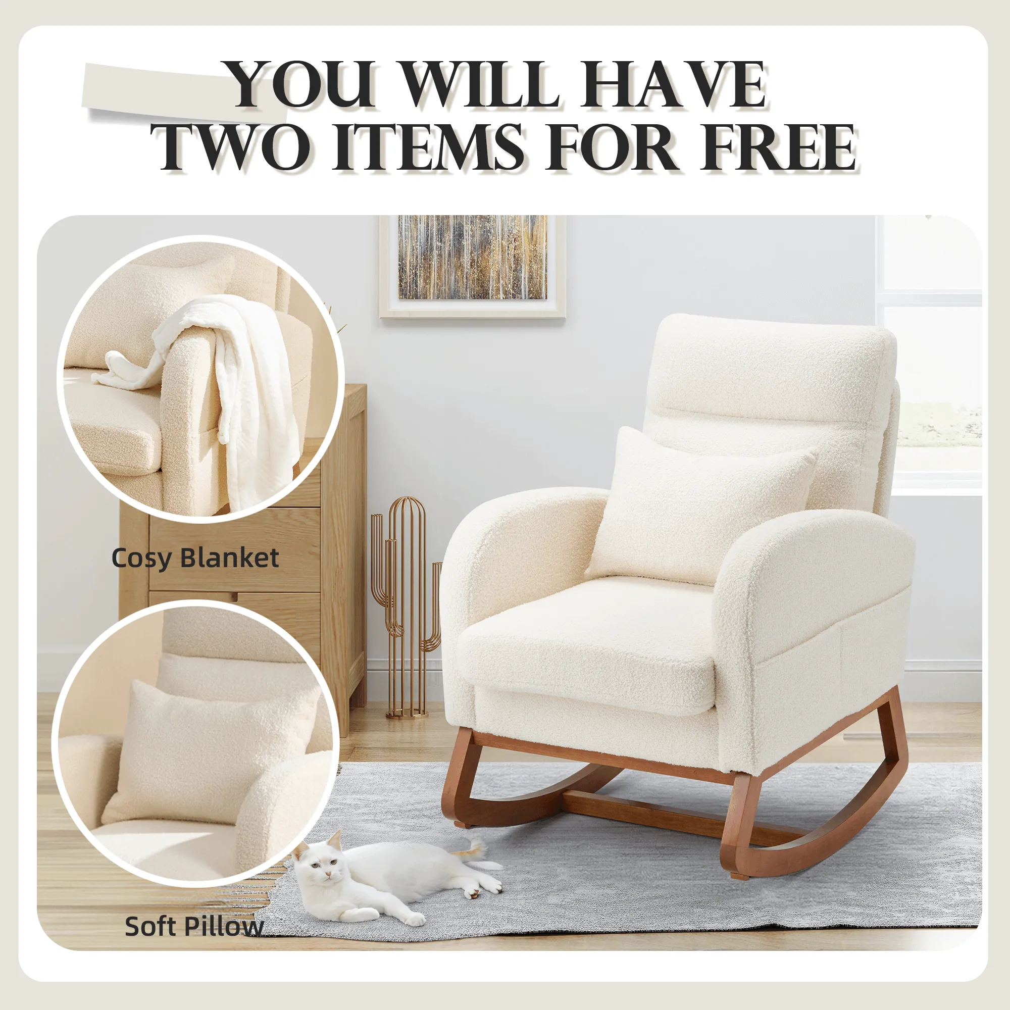 Modern Rocking Accent Chair with Blanket & Lumber Pillow, High Back Glider Chair Nursery Chair with Dual Side Pockets