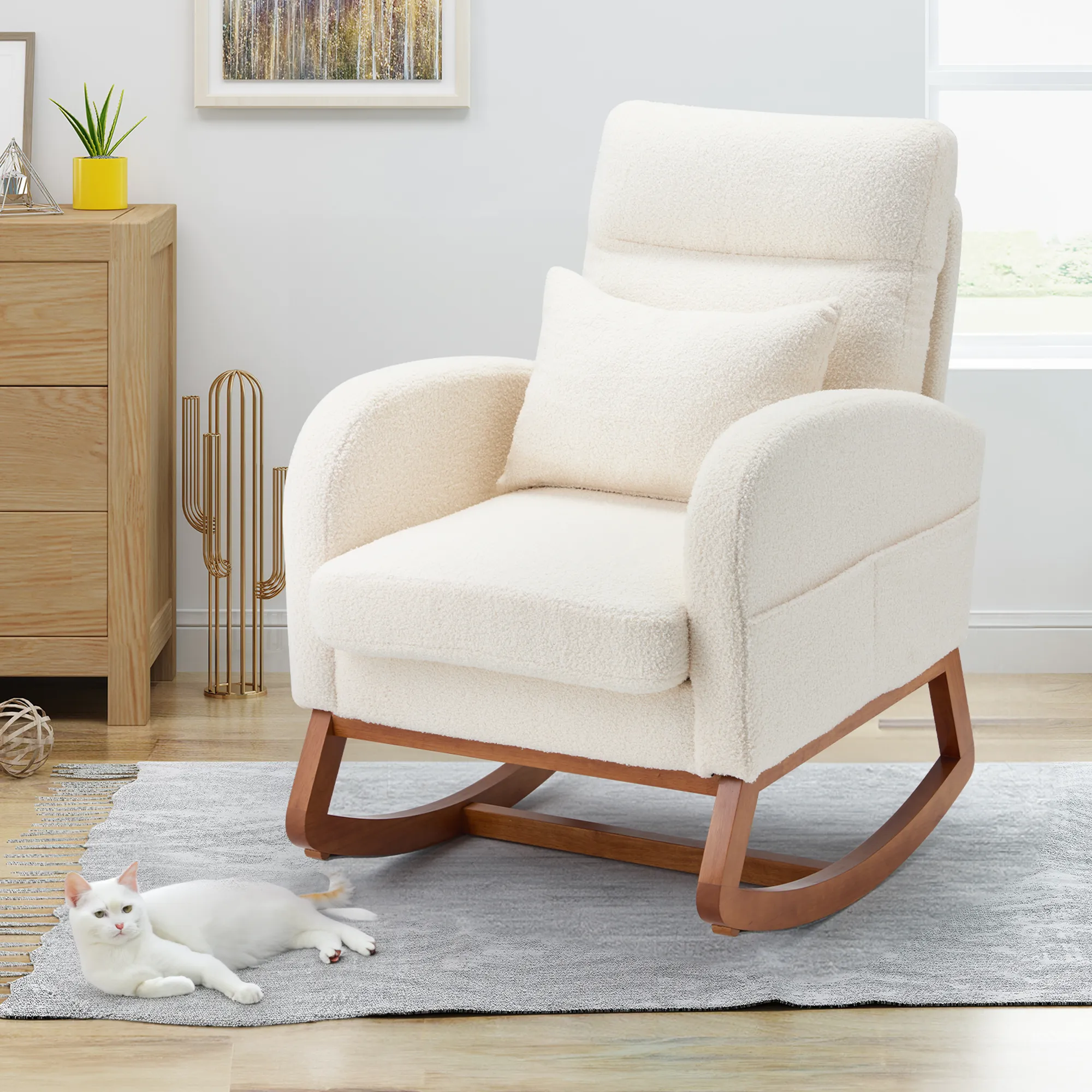 Modern Rocking Accent Chair with Blanket & Lumber Pillow, High Back Glider Chair Nursery Chair with Dual Side Pockets