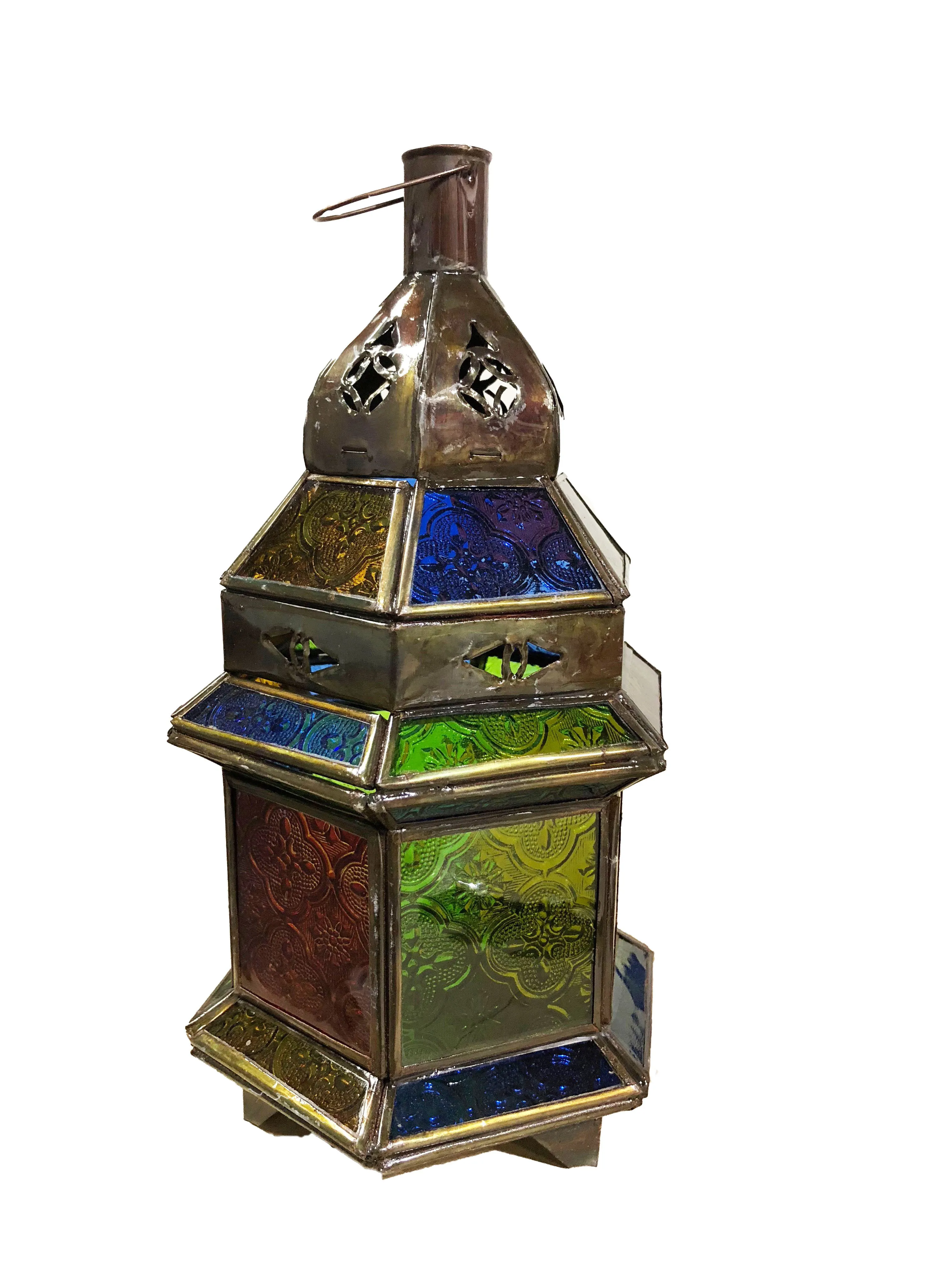 Moroccan Lamp Hex Base Tall Multi-Colour Glass