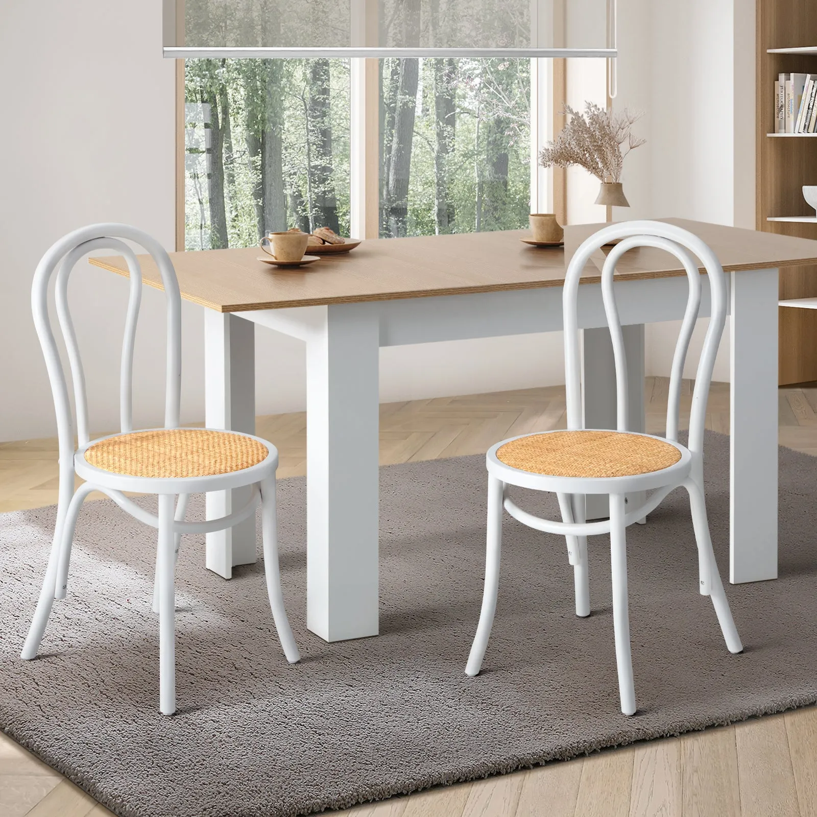 Oikiture 2PCS Dining Chair Solid Wooden Chairs Ratan Seat White