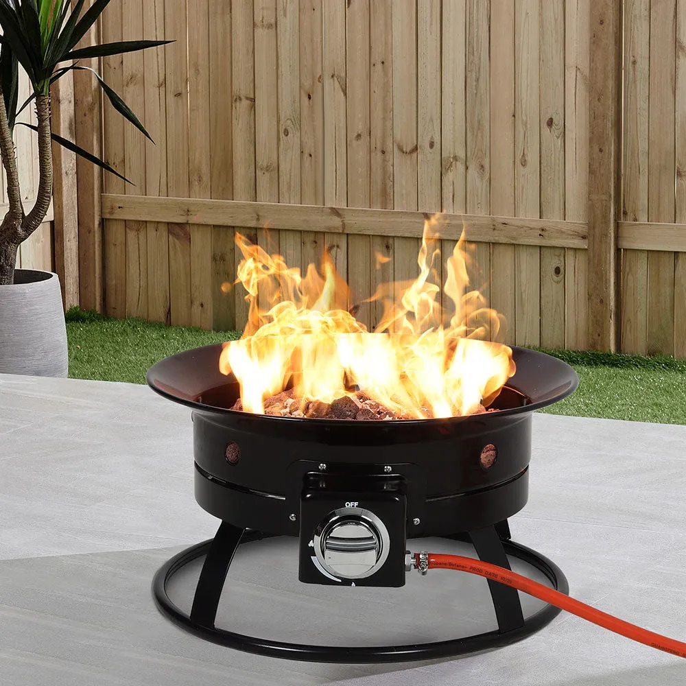 Portable Gas Fire Pit Black Metal Gas Burner with Volcanic Rocks