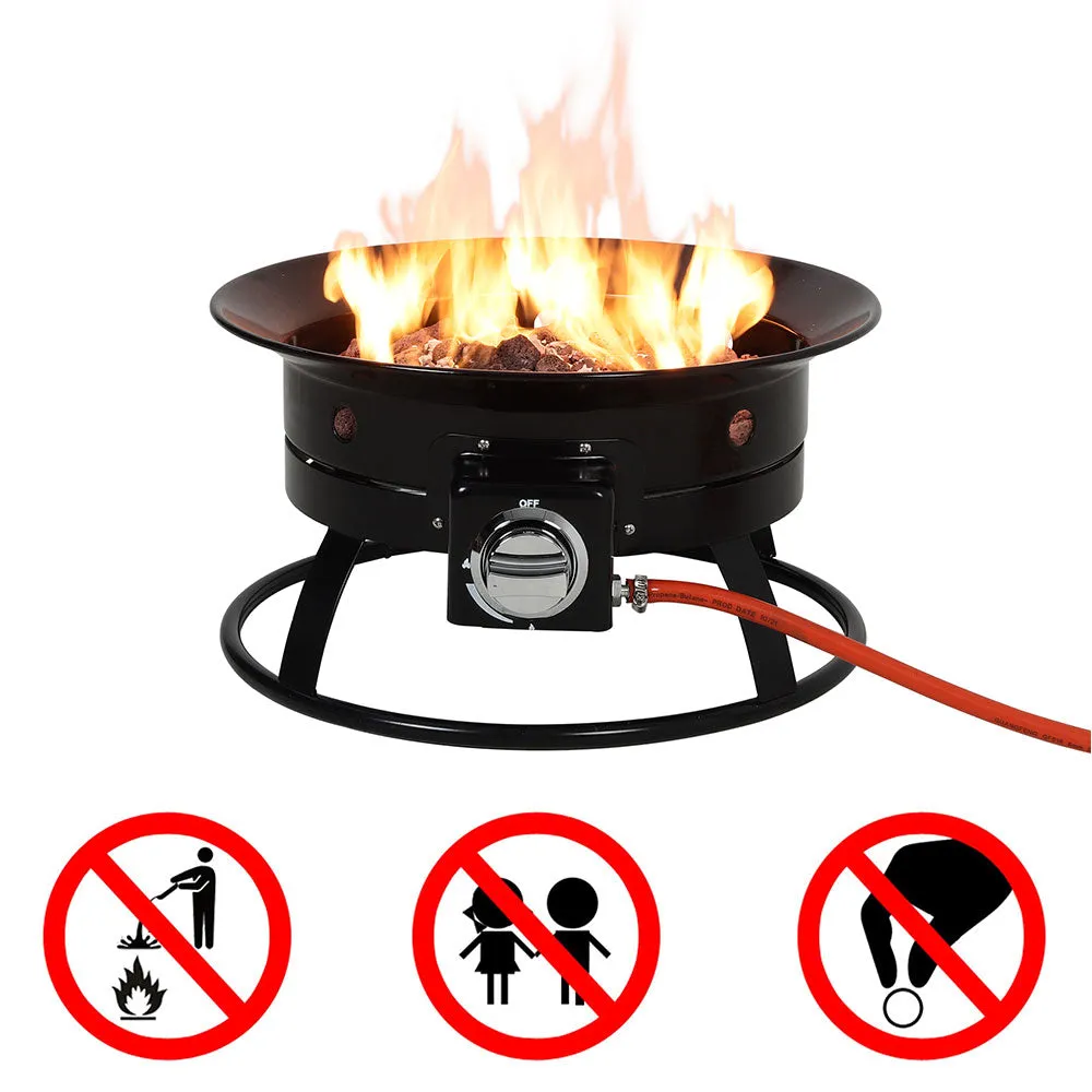 Portable Gas Fire Pit Black Metal Gas Burner with Volcanic Rocks