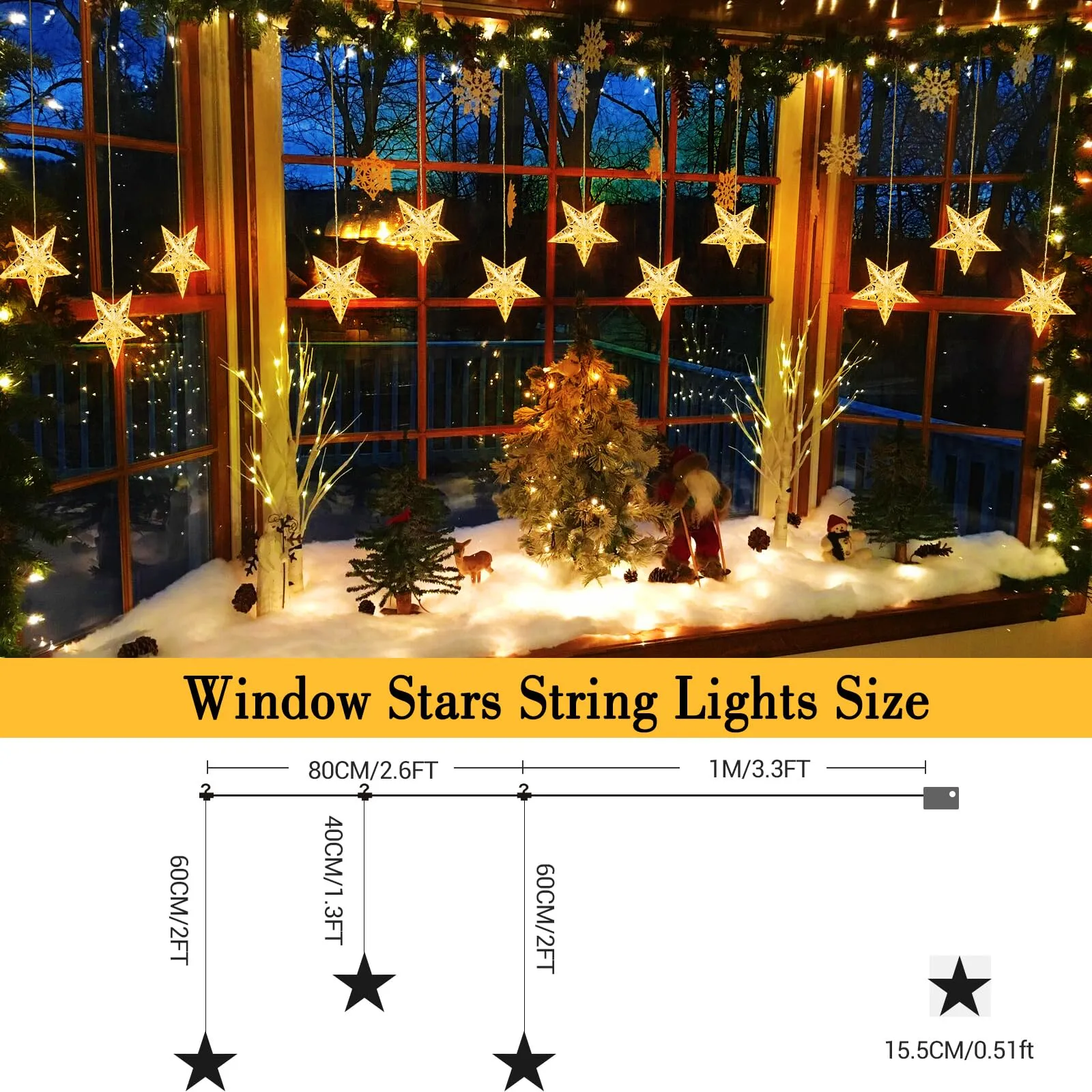 Quntis 3 Stars Christmas Diamond & Crystal-Shaped Window Lights (30 LEDs) – 8 Lighting Modes for Dazzling Xmas Lights, Perfect for Holiday Decor & Indoor/Outdoor Use