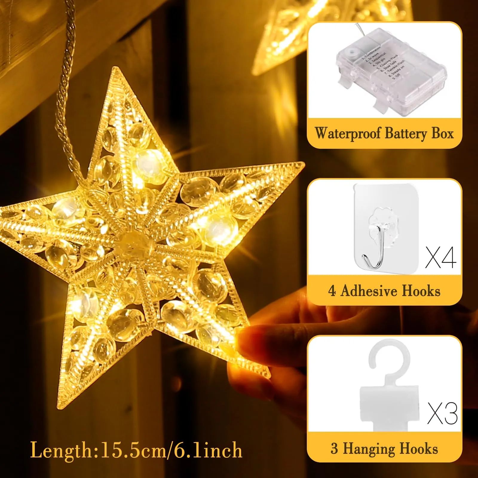 Quntis 3 Stars Christmas Diamond & Crystal-Shaped Window Lights (30 LEDs) – 8 Lighting Modes for Dazzling Xmas Lights, Perfect for Holiday Decor & Indoor/Outdoor Use