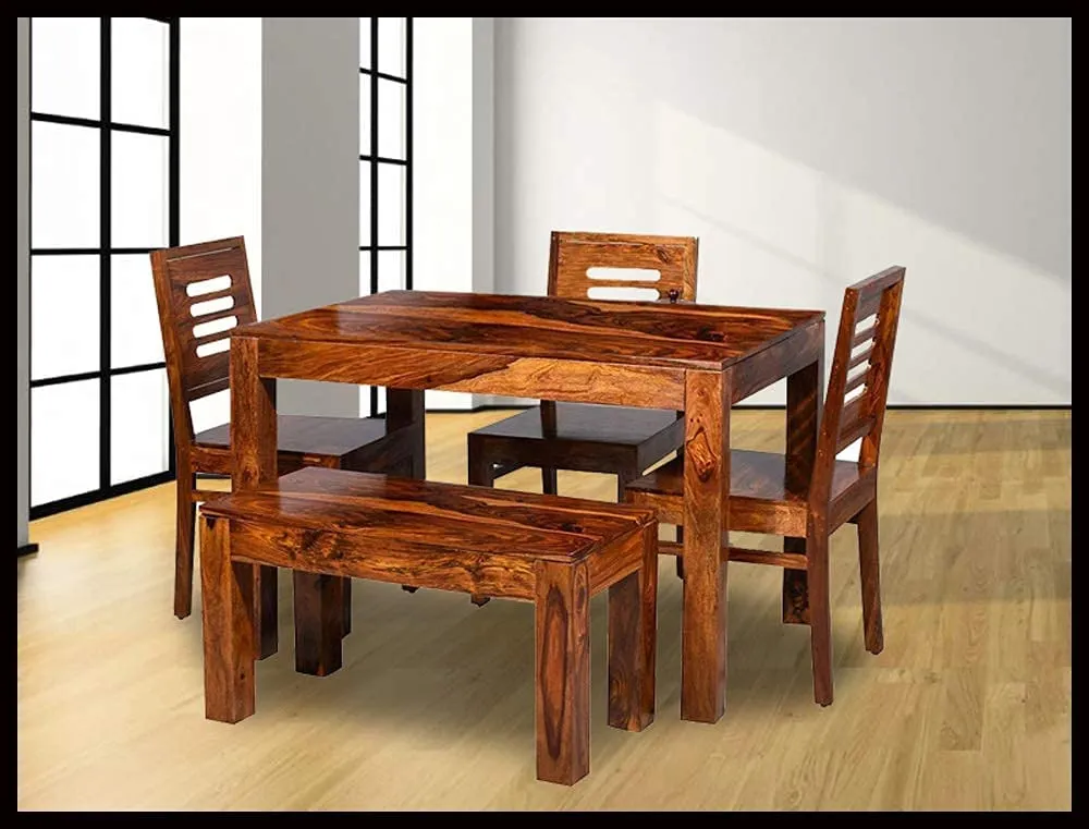 Ramdoot Furniture Wooden Dining Table 4 Seater | Dinning Table, 3 Chairs & 1 Bench, Solid Wood Sheesham, Honey Finish