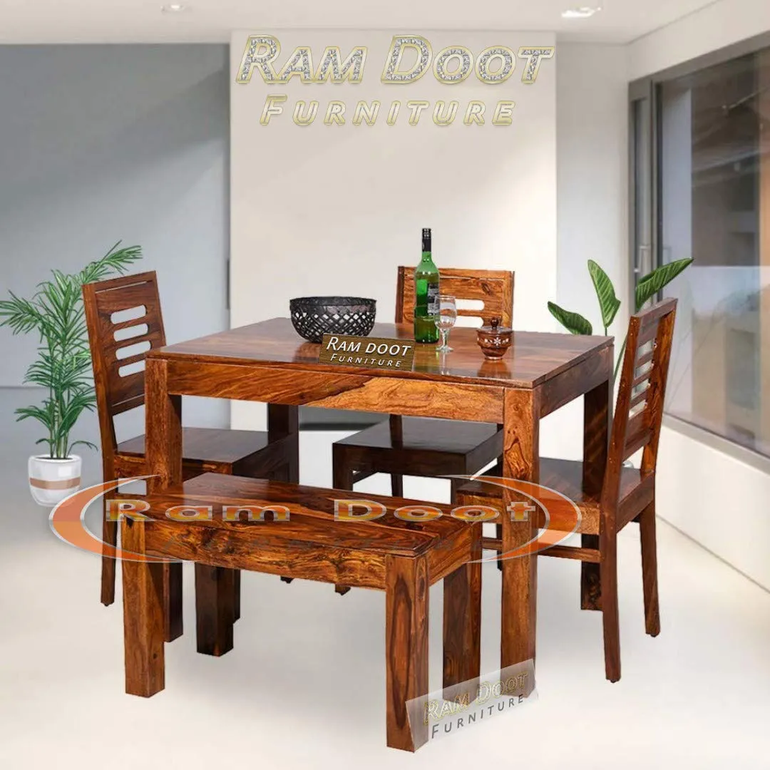 Ramdoot Furniture Wooden Dining Table 4 Seater | Dinning Table, 3 Chairs & 1 Bench, Solid Wood Sheesham, Honey Finish