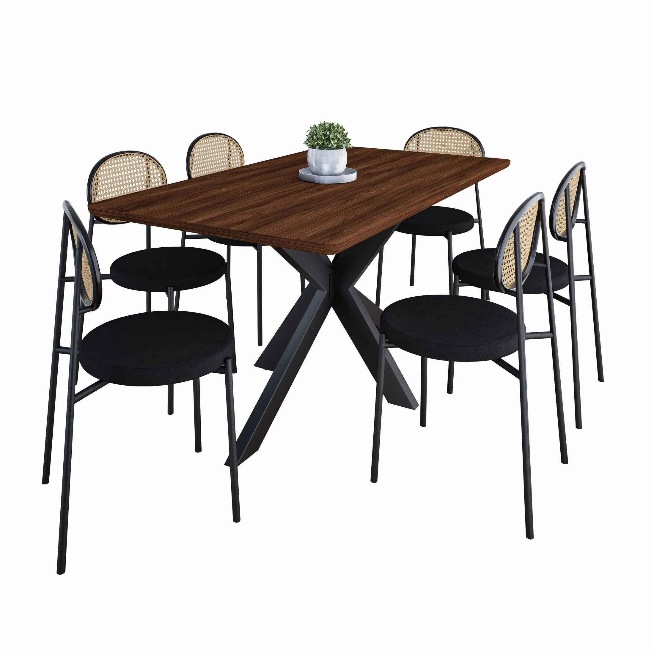 Ravenna 69" Rectangular Wood Dining Table with 6 Euston Wicker Dining Chairs