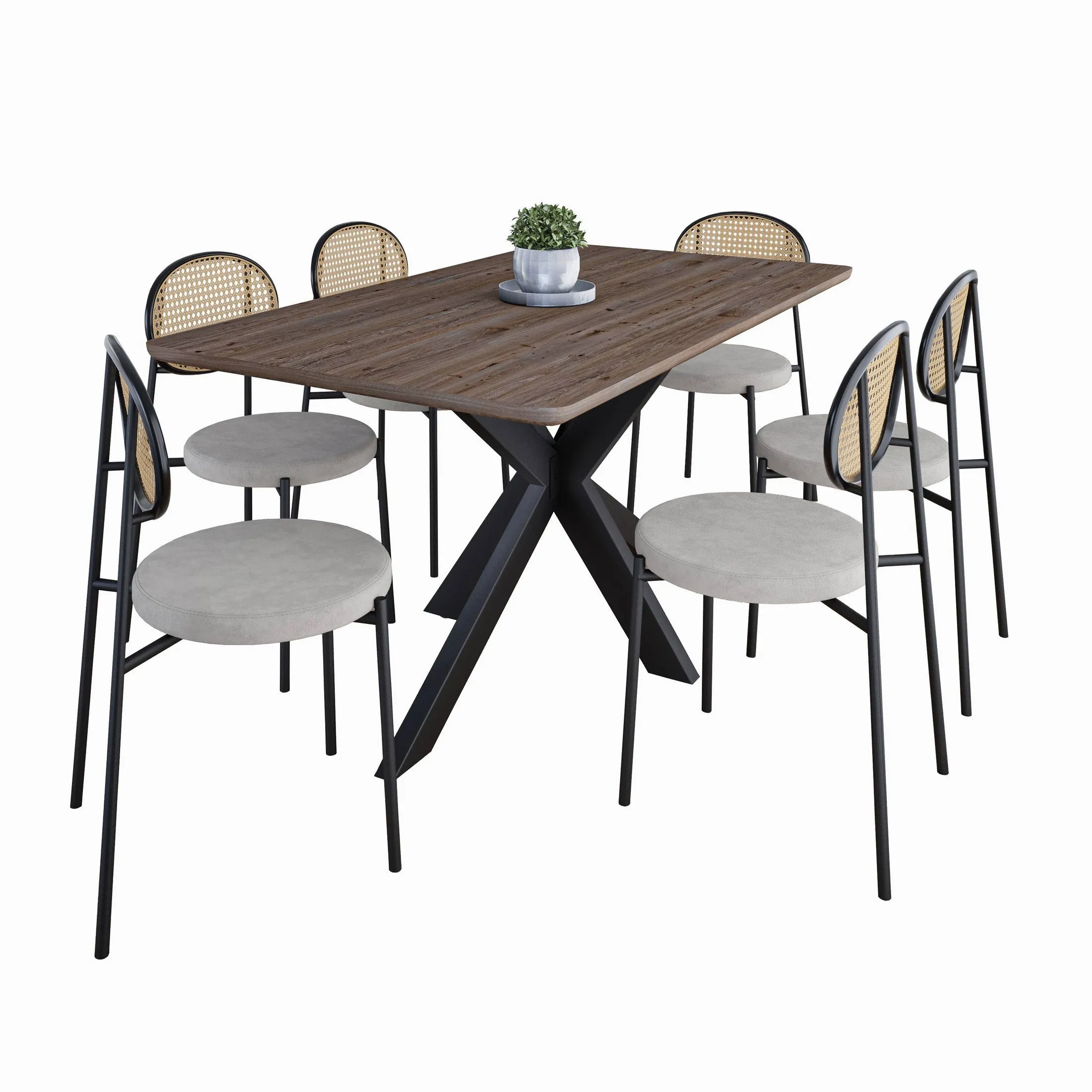 Ravenna 69" Rectangular Wood Dining Table with 6 Euston Wicker Dining Chairs