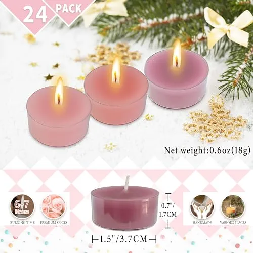 Scented Tealight Candles - 24 Pack Pink Tea Light Candles Pleasant Fragrance Candle Small Candle 6 Hour Burn Time Tea Candles for Home Decor Birthdays Weddings Parties Holiday