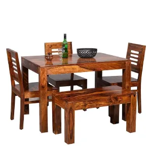 SHREE NATH JI CRAFT HOUSE Sheesham Wood 4 Seater Dining Table with 3 Chair & 1 Bench for Living Room Dining Room Sets Furniture (Honey Finish)