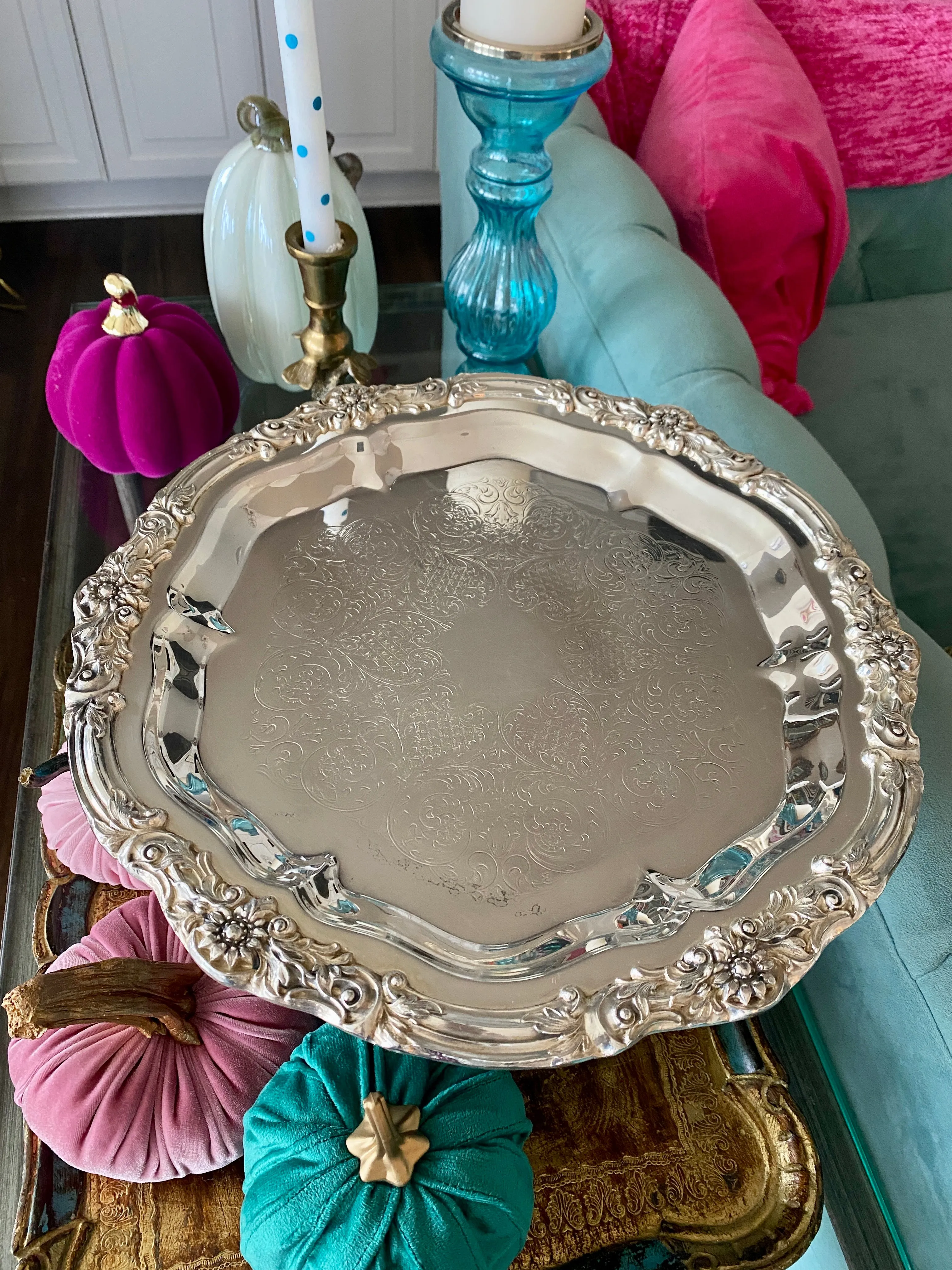 Silverplate Tray Round Scrolled - Engraved on Back