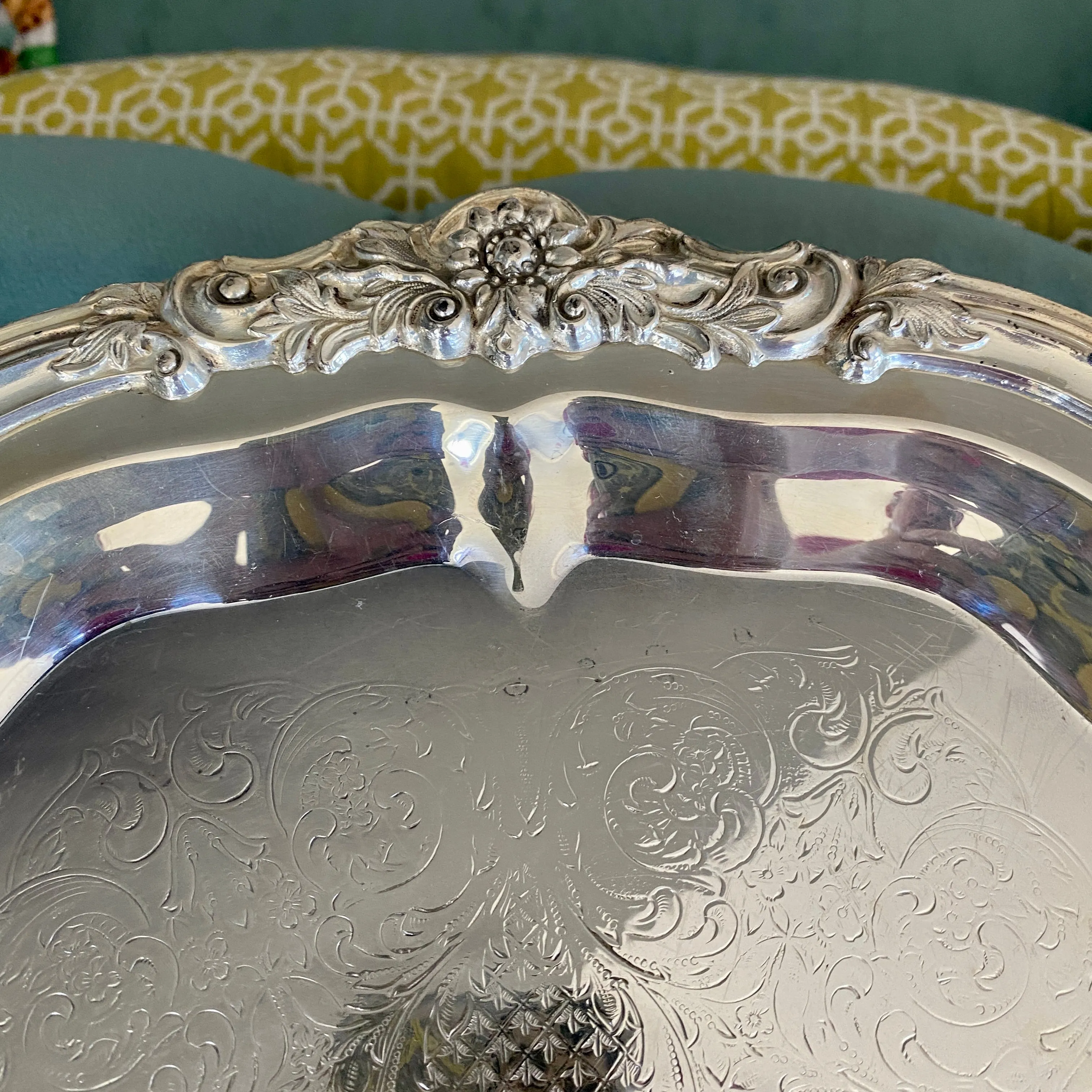 Silverplate Tray Round Scrolled - Engraved on Back