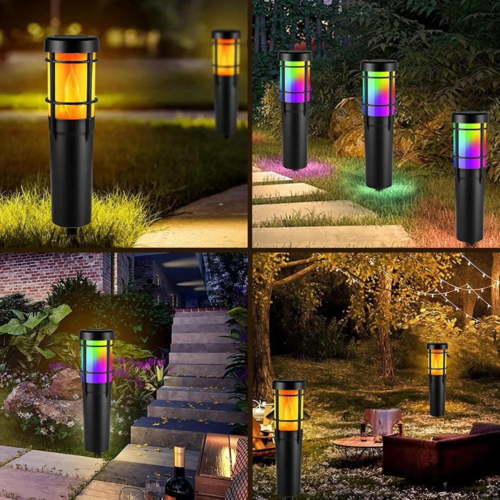 Solar Pathway Lights Outdoor, with Flickering Flame and RGB Color Changing, LED Solar Outdoor Lights for Yard, Garden, Pathway, Lawn - IP65 Waterproof