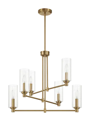 Timeless Six Lights Chandelier With Clear Ribbed Glass - Satin Brass