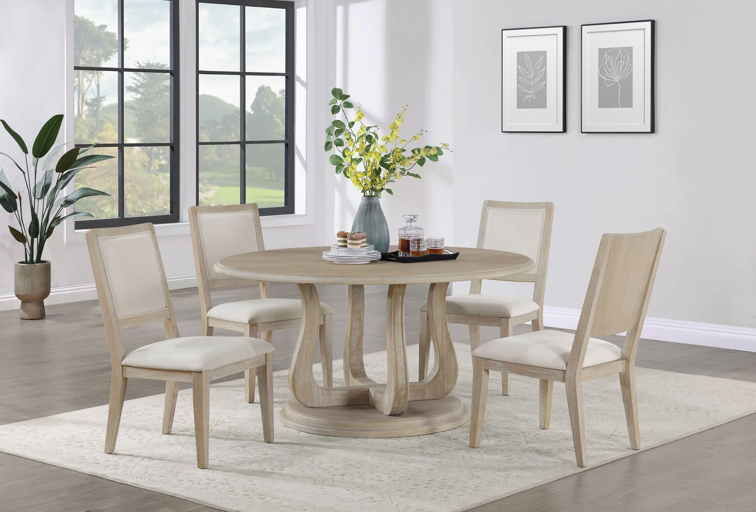 Trofello - 5 Piece Round Dining Table Set - White Washed