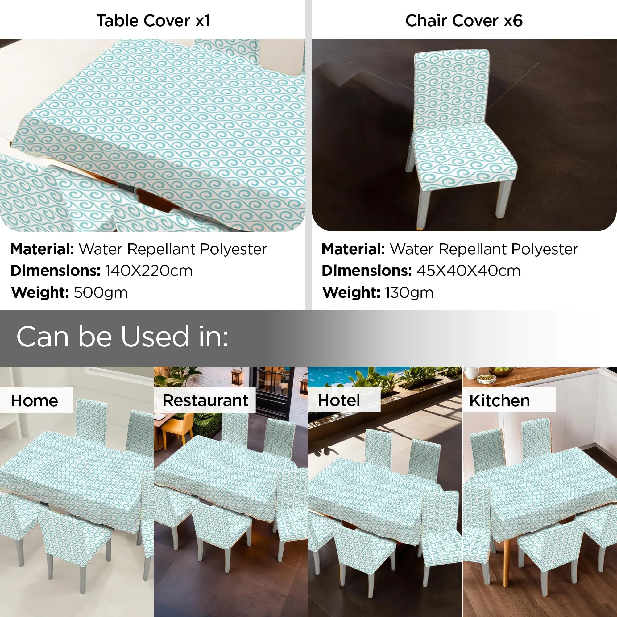 UMAI Dining Table Cloth | Dining Table Cover 6 Seater Cover Set | Water Proof Cloth Dust and Oil Repellent Washable | 6 Chairs 1 Table Cover| Light Blue