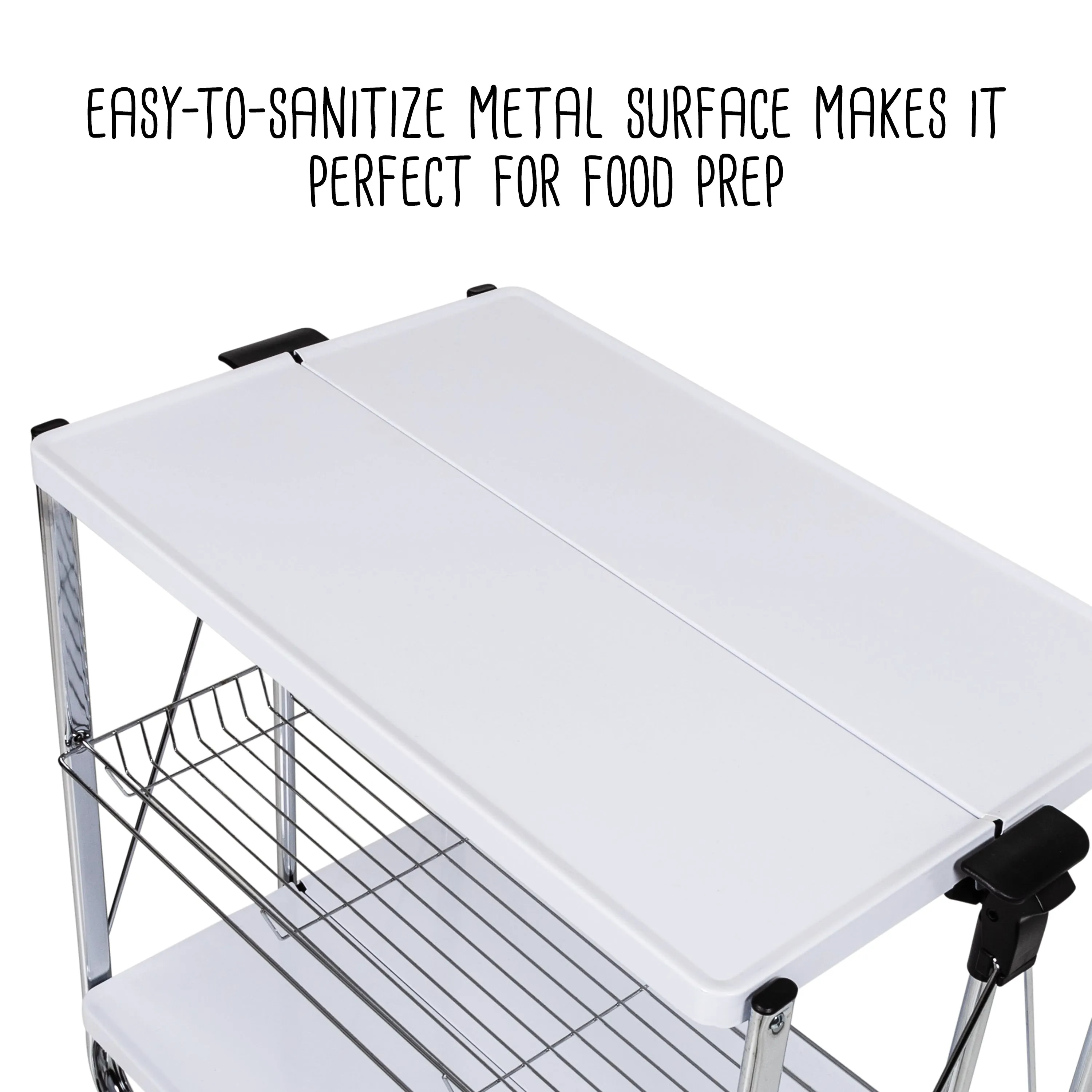 White/Chrome Folding Kitchen Cart with Metal Basket