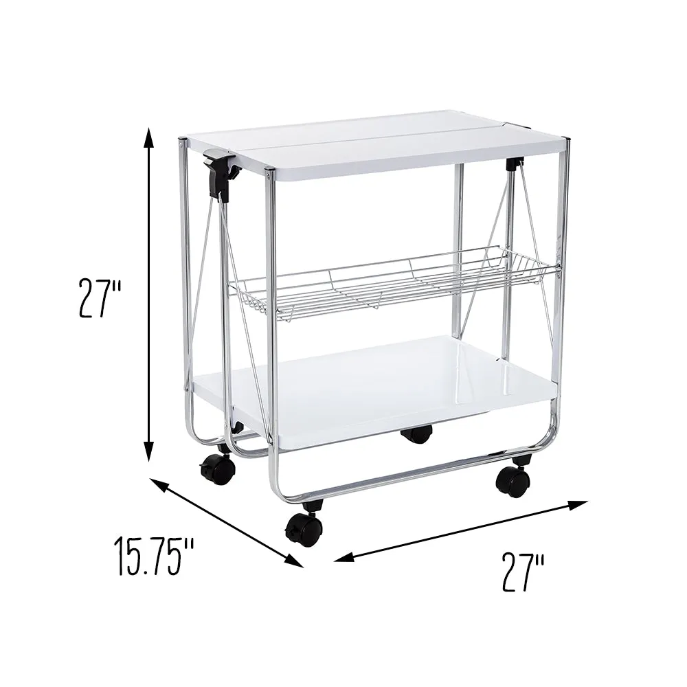 White/Chrome Folding Kitchen Cart with Metal Basket