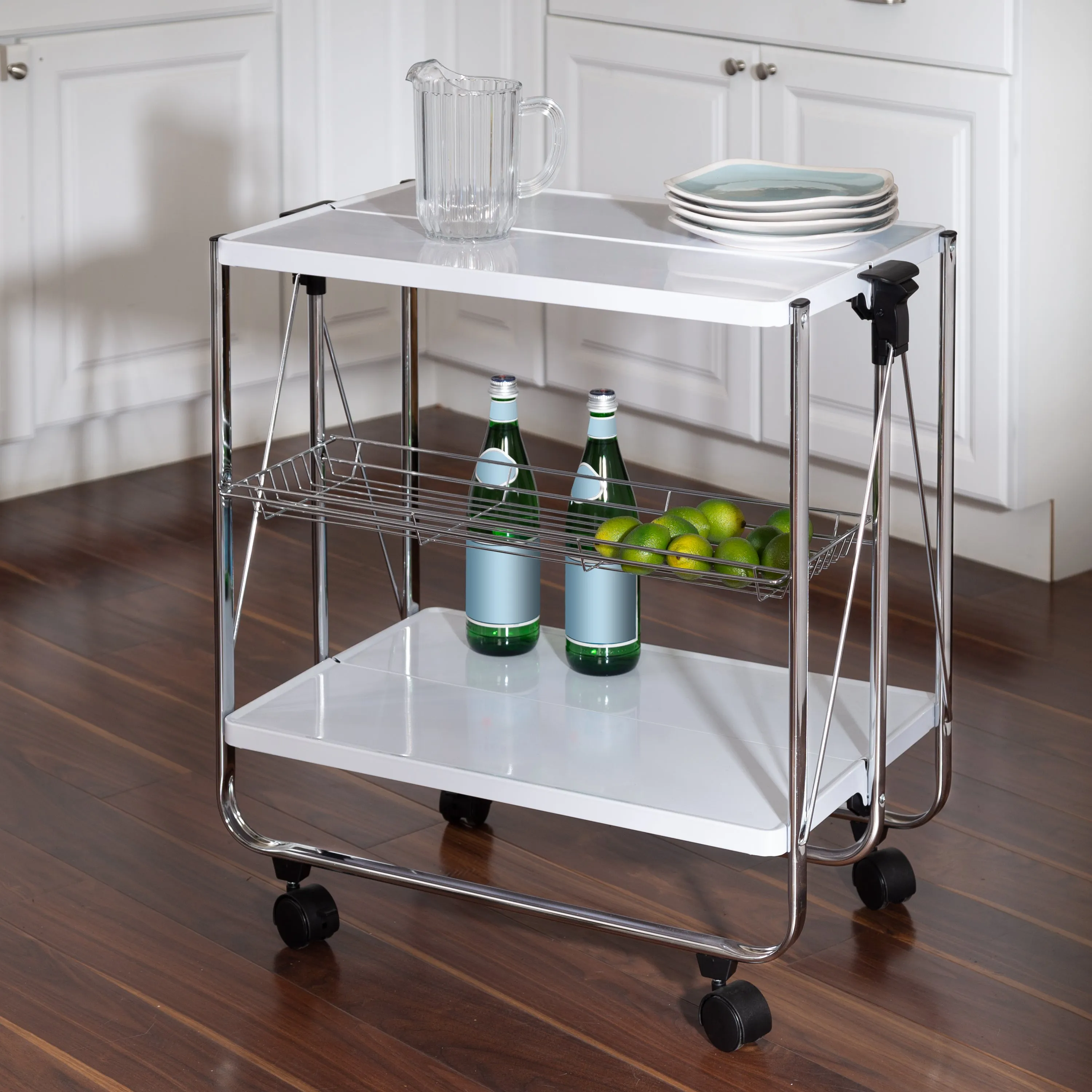 White/Chrome Folding Kitchen Cart with Metal Basket